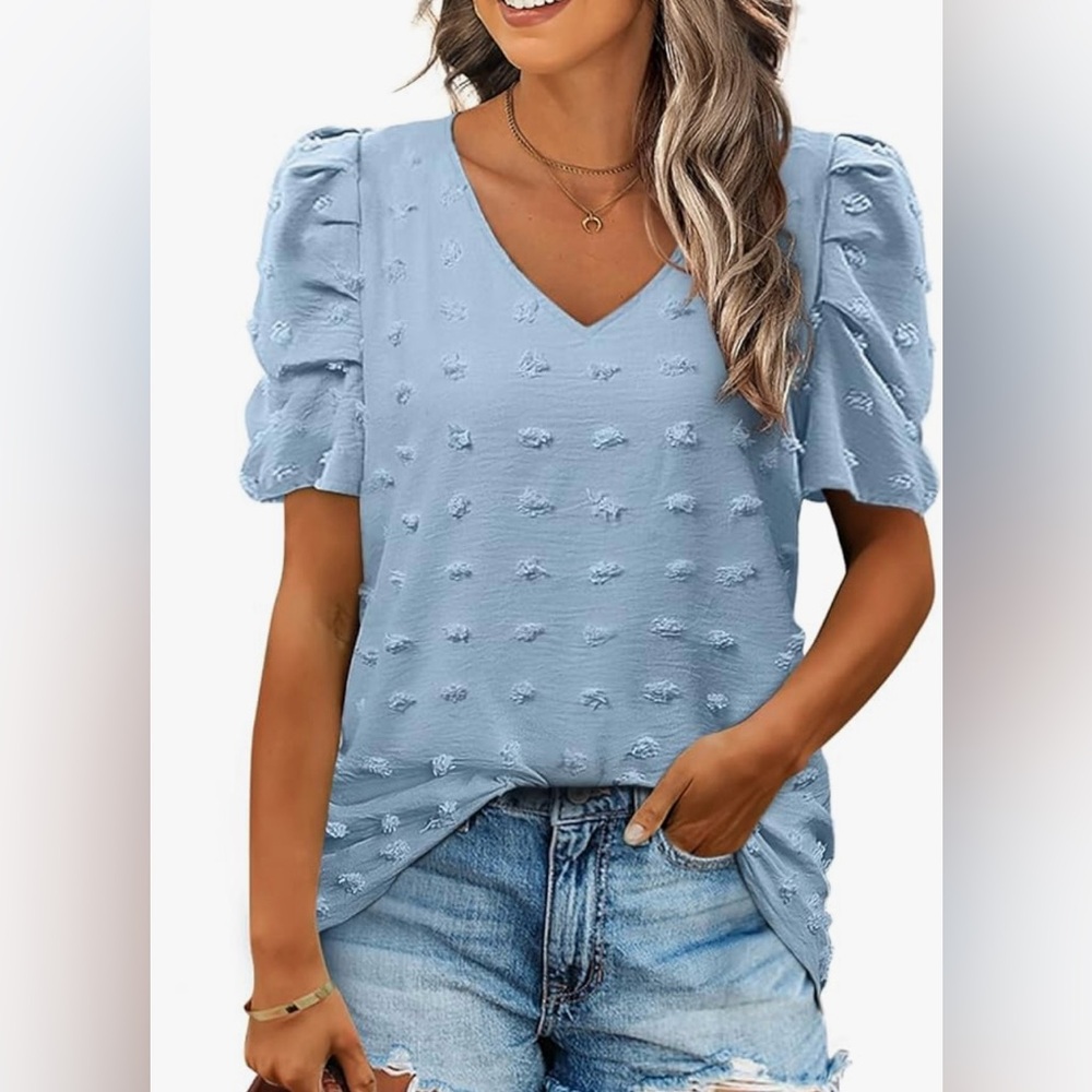 XL Chiffon V Neck with Puff Sleeve (Lite Blue)